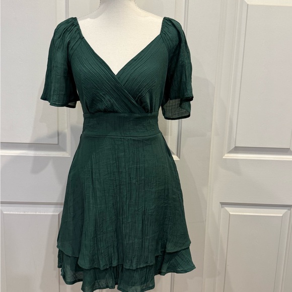 Emerald Green Chiffon Mini Dress Romantic Feminine Dress • Size Small - Picture 3 of 7